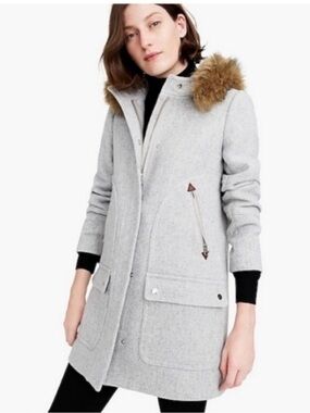 J. Crew Light Gray Italian Stadium Cloth Coat with Faux Fur Hood Trim